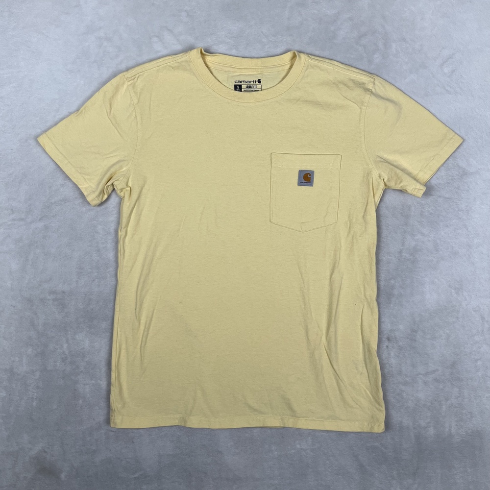 Carhartt T-Shirt Womens Small Yellow Loose Fit Pocket Workwear Logo Tee Cotton